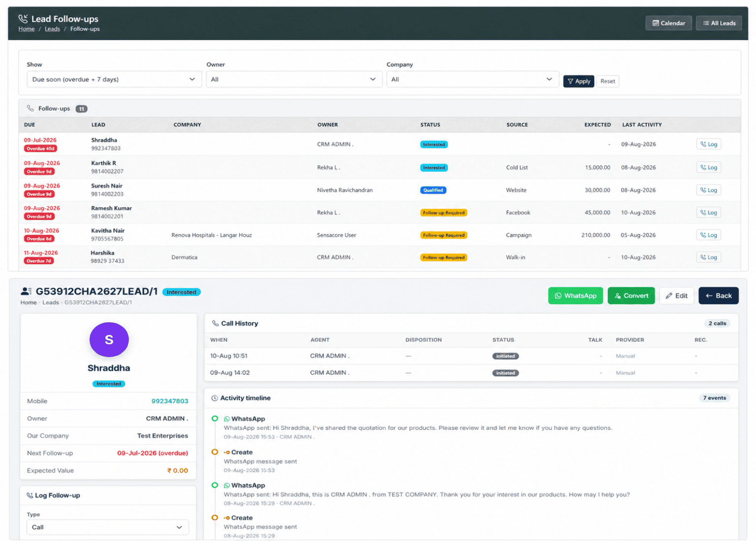 T3 Call Management CRM Dashboard